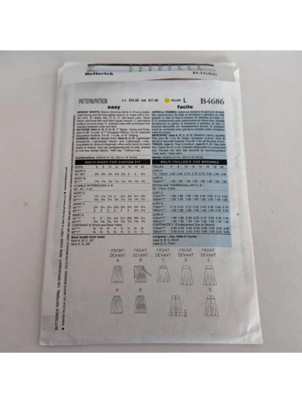 Butterick Sewing Pattern B4686 Pleated Skirt Six Sew Easy Y2K Pleats 6-12 Uncut